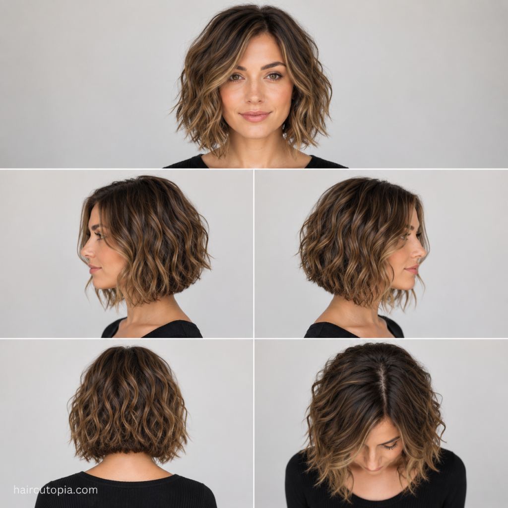 Five-view collage of an A-line bob haircut for wavy hair showing the front, left side, right side, back, and bird's-eye view.