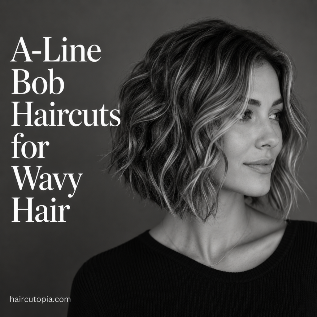 Woman with a textured A-line bob haircut for wavy hair in a black-and-white editorial portrait showcasing soft waves, movement, and an angled silhouette.