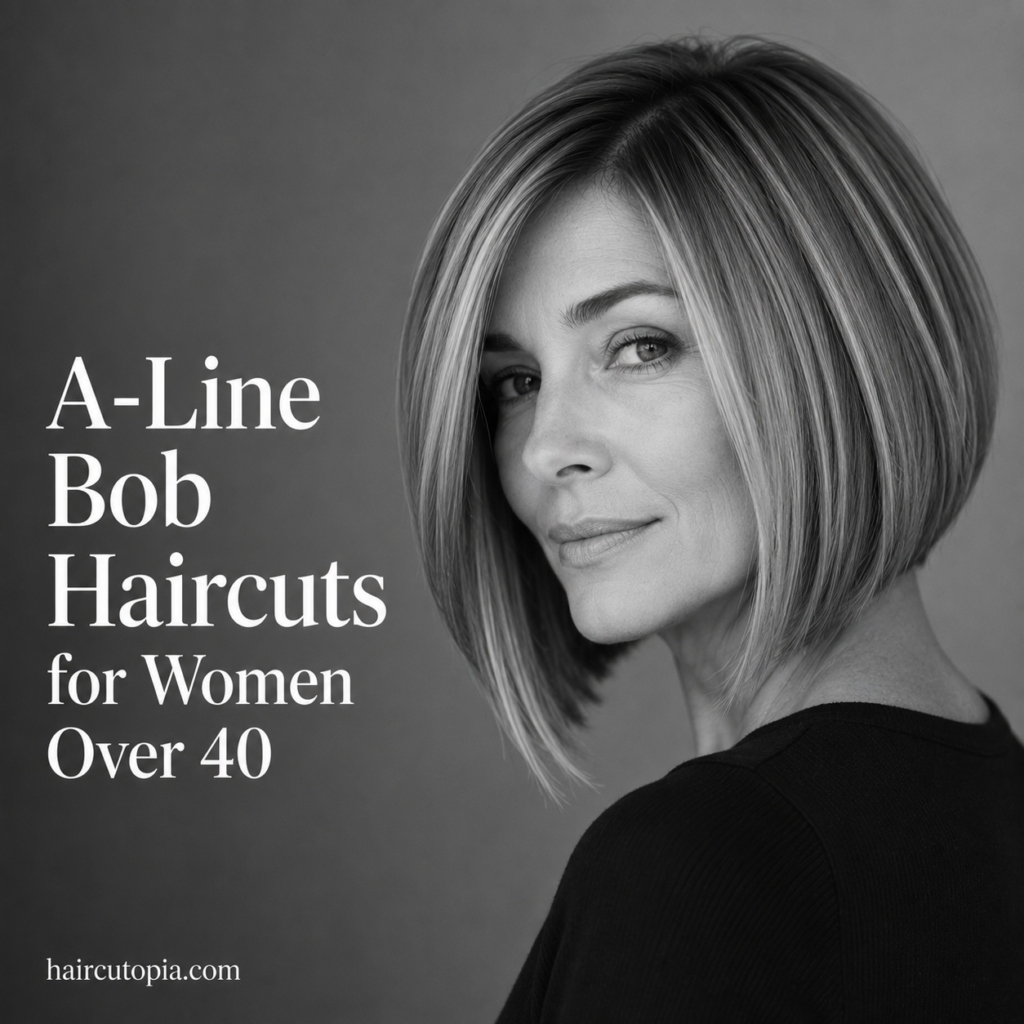 Woman over 40 with a sleek A-line bob haircut featuring longer face-framing pieces and a shorter graduated back.