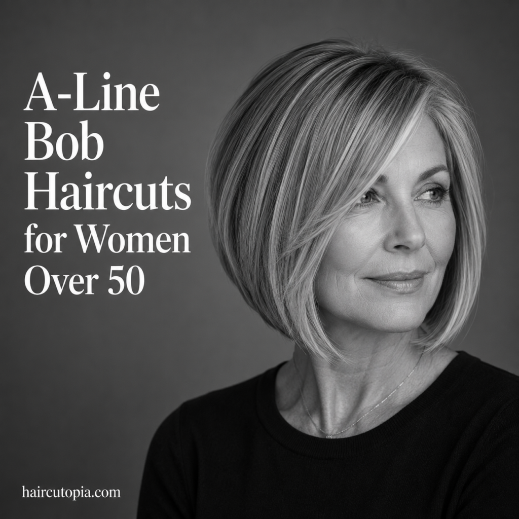Woman over 50 with a modern A-line bob featuring a shorter rounded back and longer face-framing front layers.