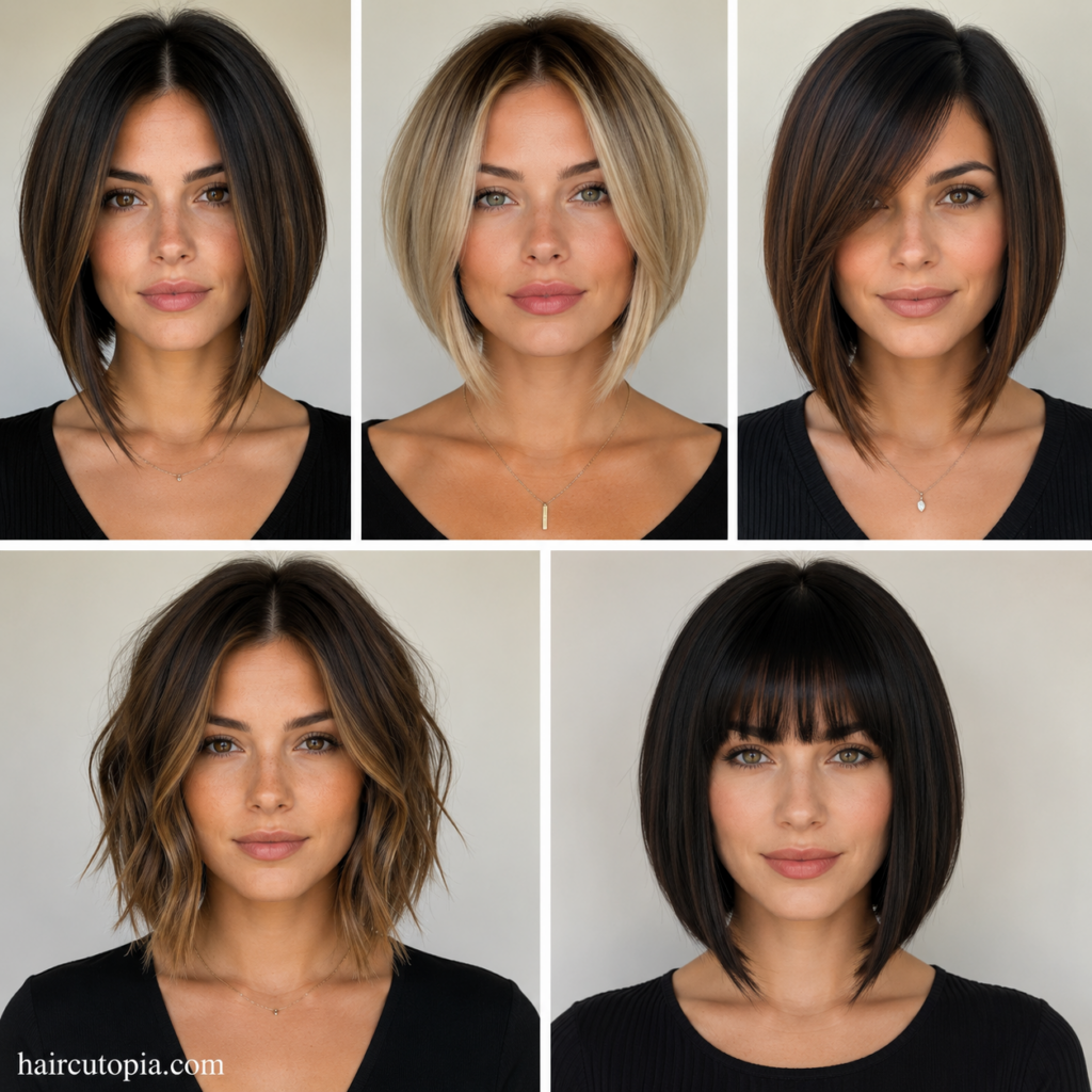 Five A-line bob haircuts featuring sleek, layered, side-swept, wavy, and bangs styles