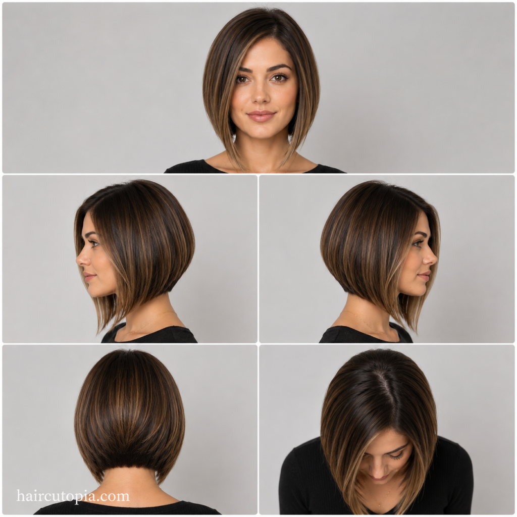 Five-view collage of an A-line bob haircut for a heart-shaped face showing the front, left side, right side, back, and top views.