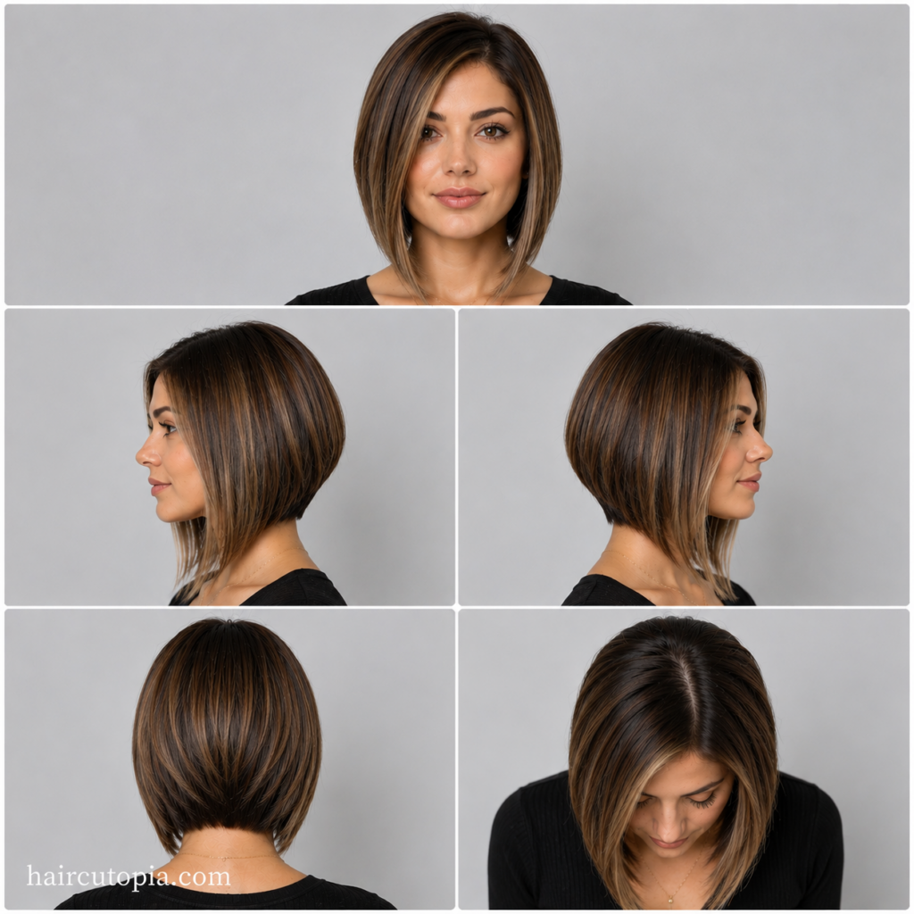 Five-view collage of an A-line bob haircut for a long face showing the front, left side, right side, back, and top views.