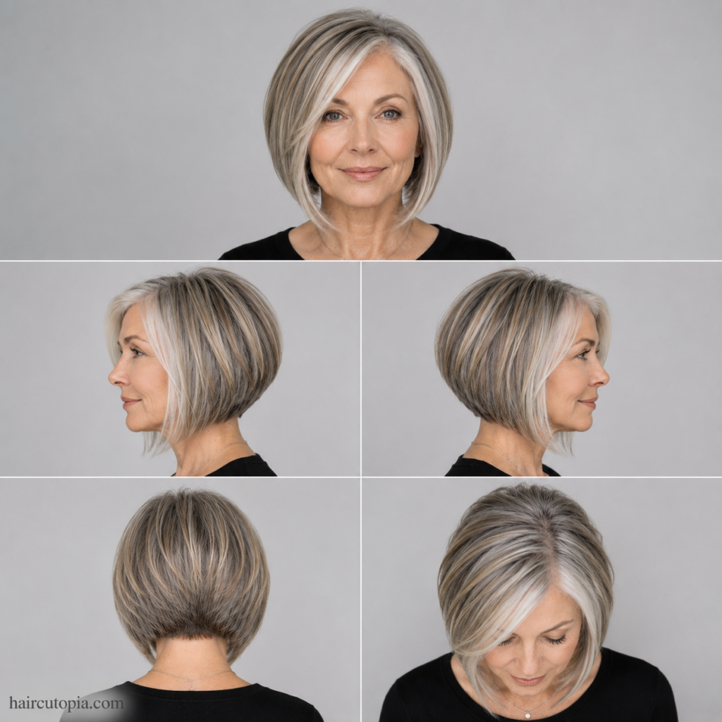 Five-view collage of an A-line bob haircut on an older woman showing the front, left side, right side, back, and top views.