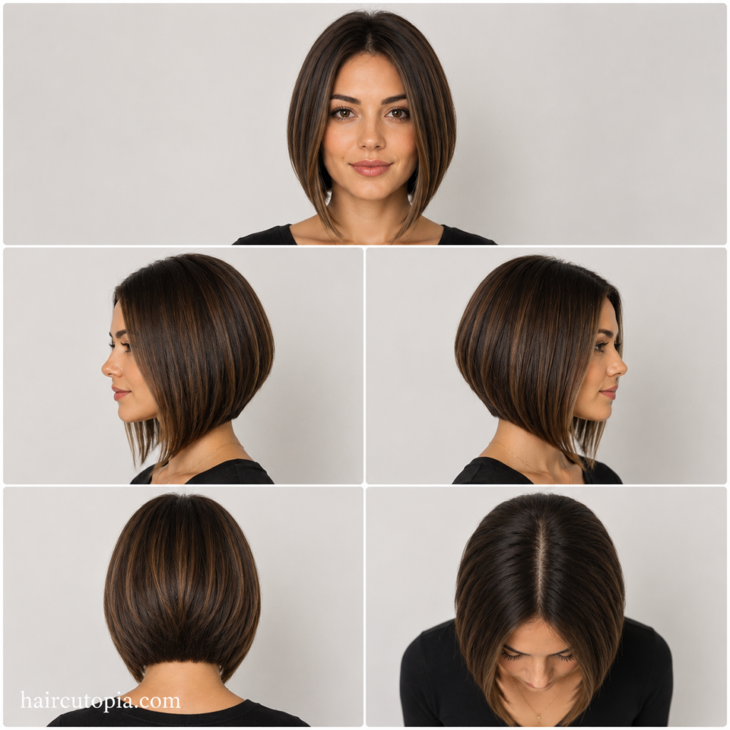 Five-view collage of an A-line bob haircut for an oval face showing the front, left side, right side, back, and top views.