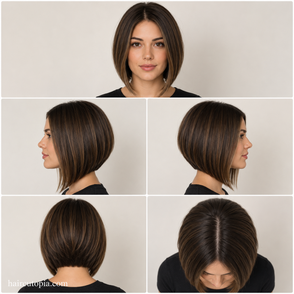 Five-view collage showing an A-line bob haircut for a round face from the front, left side, right side, back, and top views.