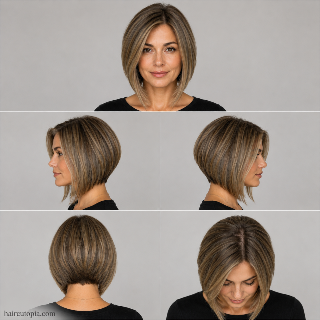 Five-view collage of an A-line bob haircut for a woman over 40 showing the front, left side, right side, back, and top views.