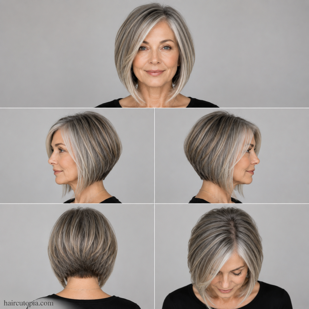 Five-view collage of an A-line bob haircut for a woman over 50 showing the front, side, back, and top views.