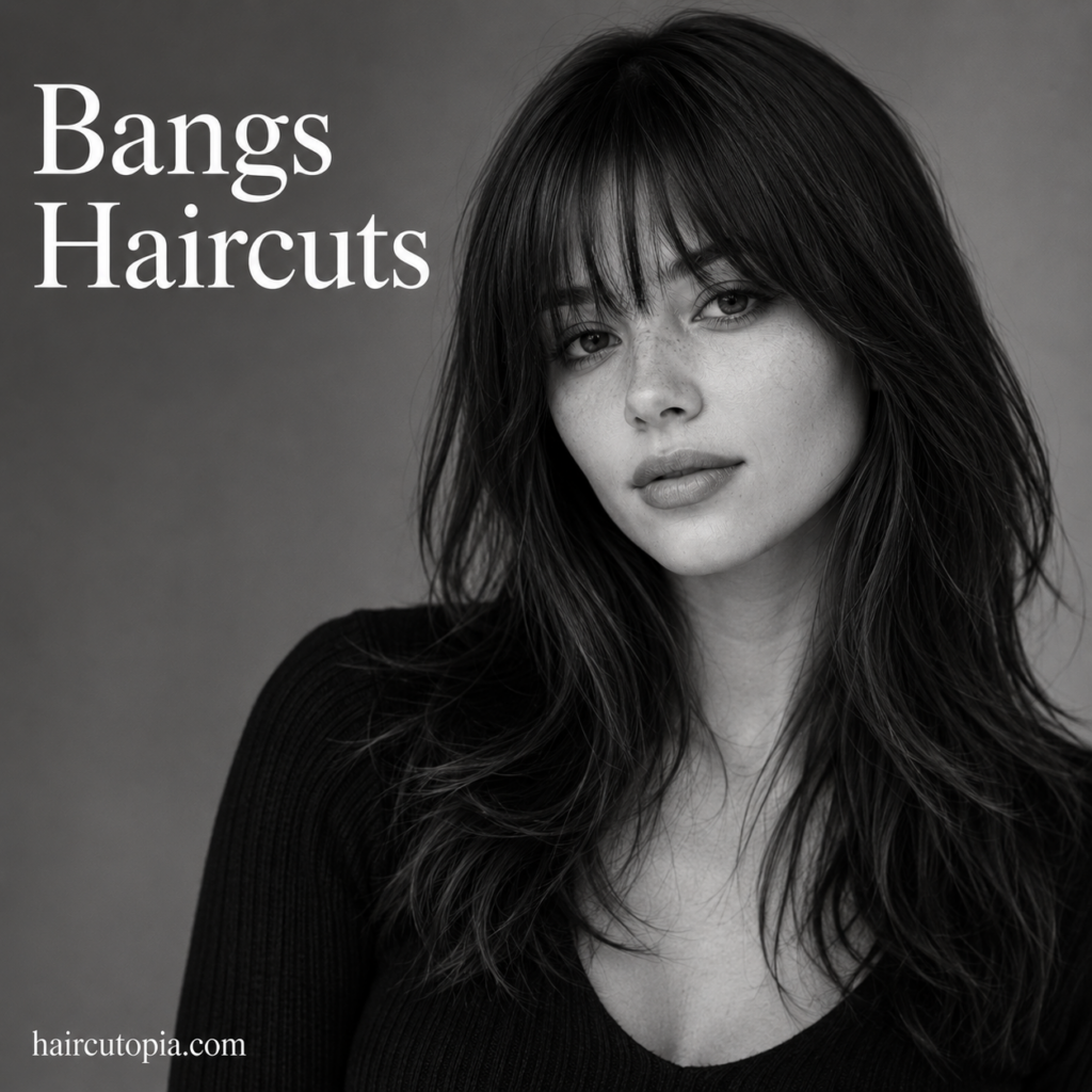 Woman with modern wispy bangs and softly layered long hair