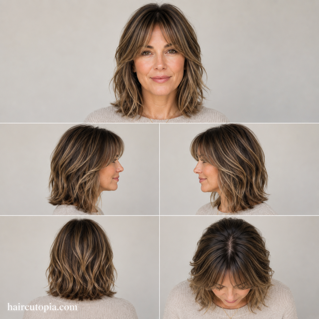 Five-view collage of a busy mom with a layered lob and curtain bangs shown from the front, left side, right side, back, and top.