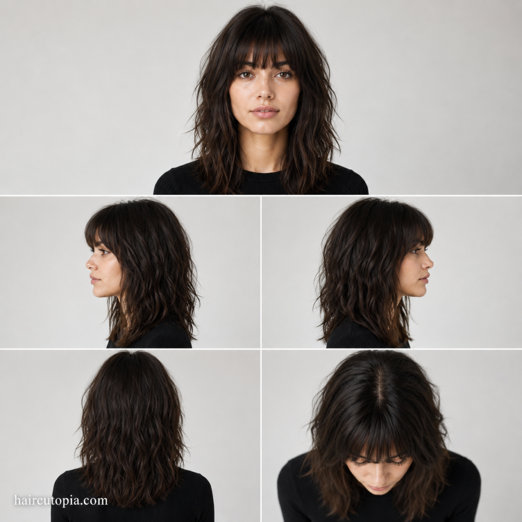 Five-view collage of a woman with textured bangs and layered coarse hair showing the front, left side, right side, back, and top views.