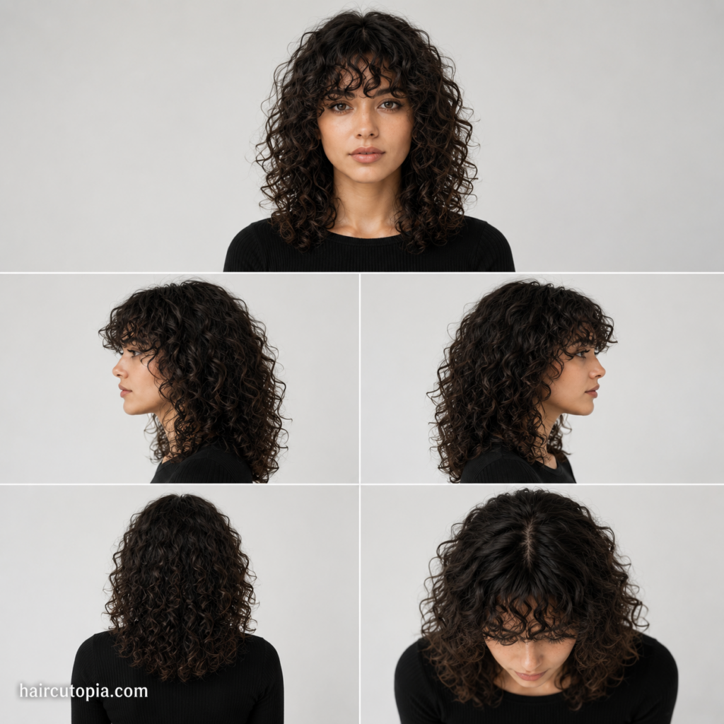 Five-view collage of a woman with naturally curly bangs showing the front, left side, right side, back, and top views.