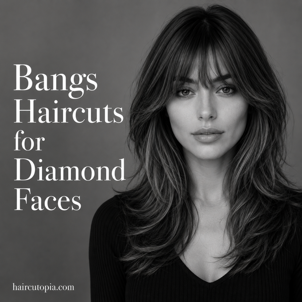 Black-and-white editorial portrait of a woman with soft curtain bangs and layered hair, showcasing a flattering bangs haircut for a diamond-shaped face.