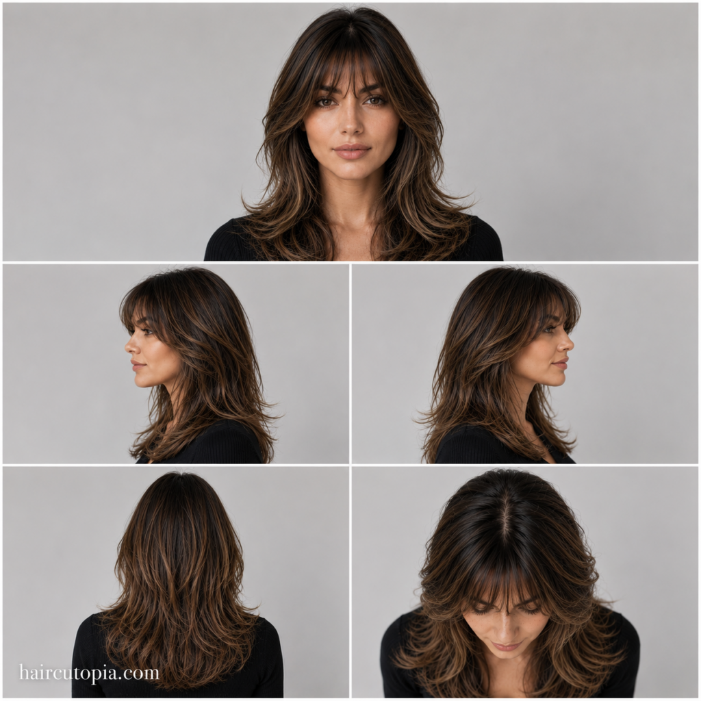 Five-view collage of a modern curtain bangs haircut for a diamond-shaped face, showing front, left side, right side, back, and bird's-eye views.