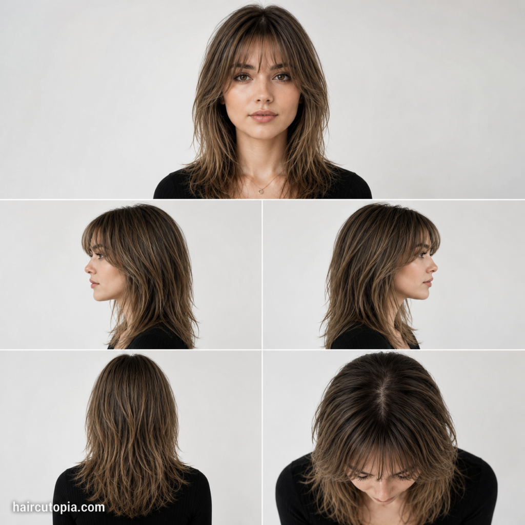 Five-view collage of a woman with wispy bangs for fine hair showing the front, left side, right side, back, and top views.