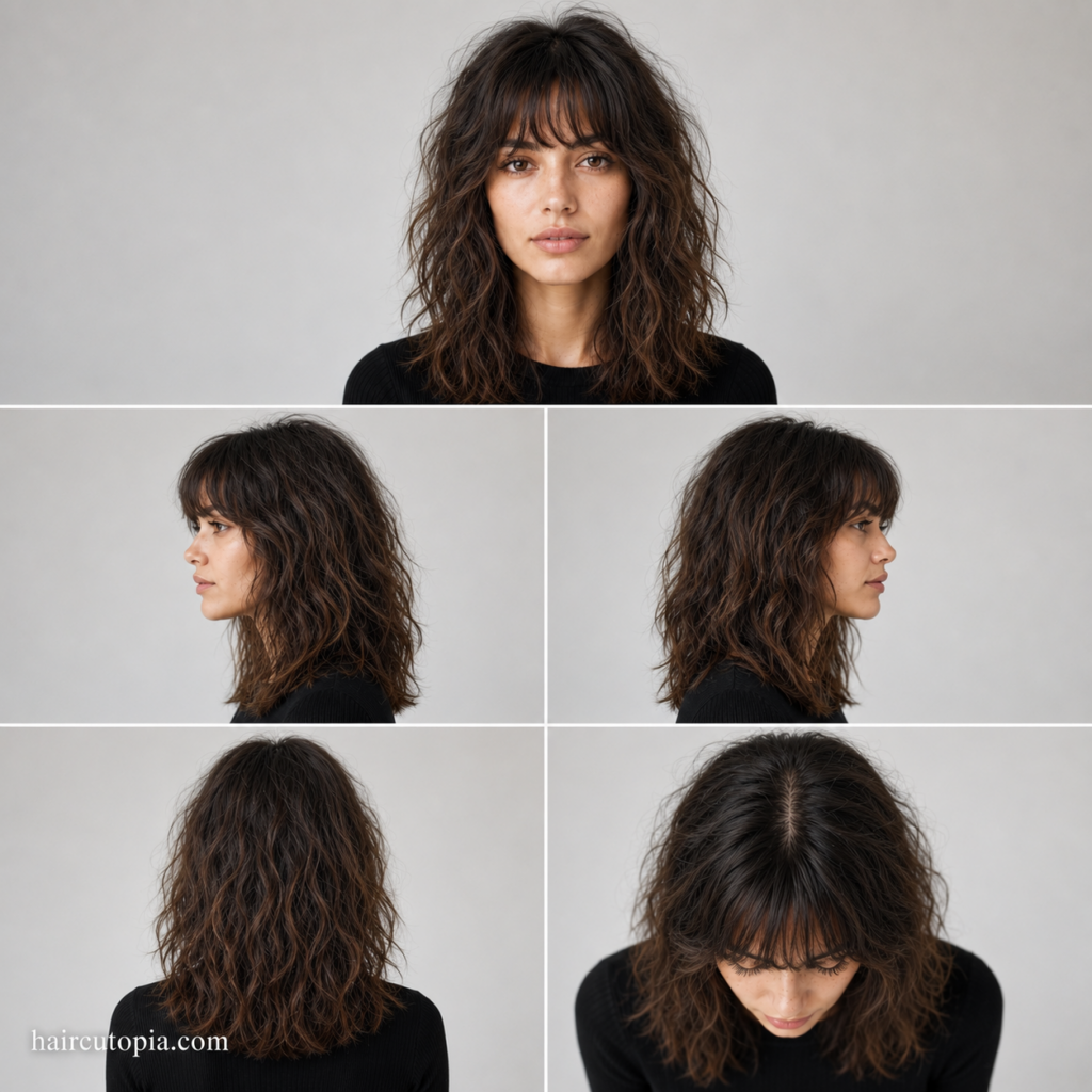 Five-view collage of a woman with textured curtain bangs and naturally frizzy hair showing the front, left side, right side, back, and top views.