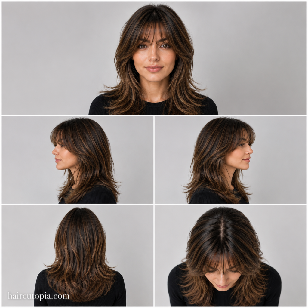 Five-view collage of a modern curtain bangs haircut for a heart-shaped face, showing front, left side, right side, back, and bird's-eye views.