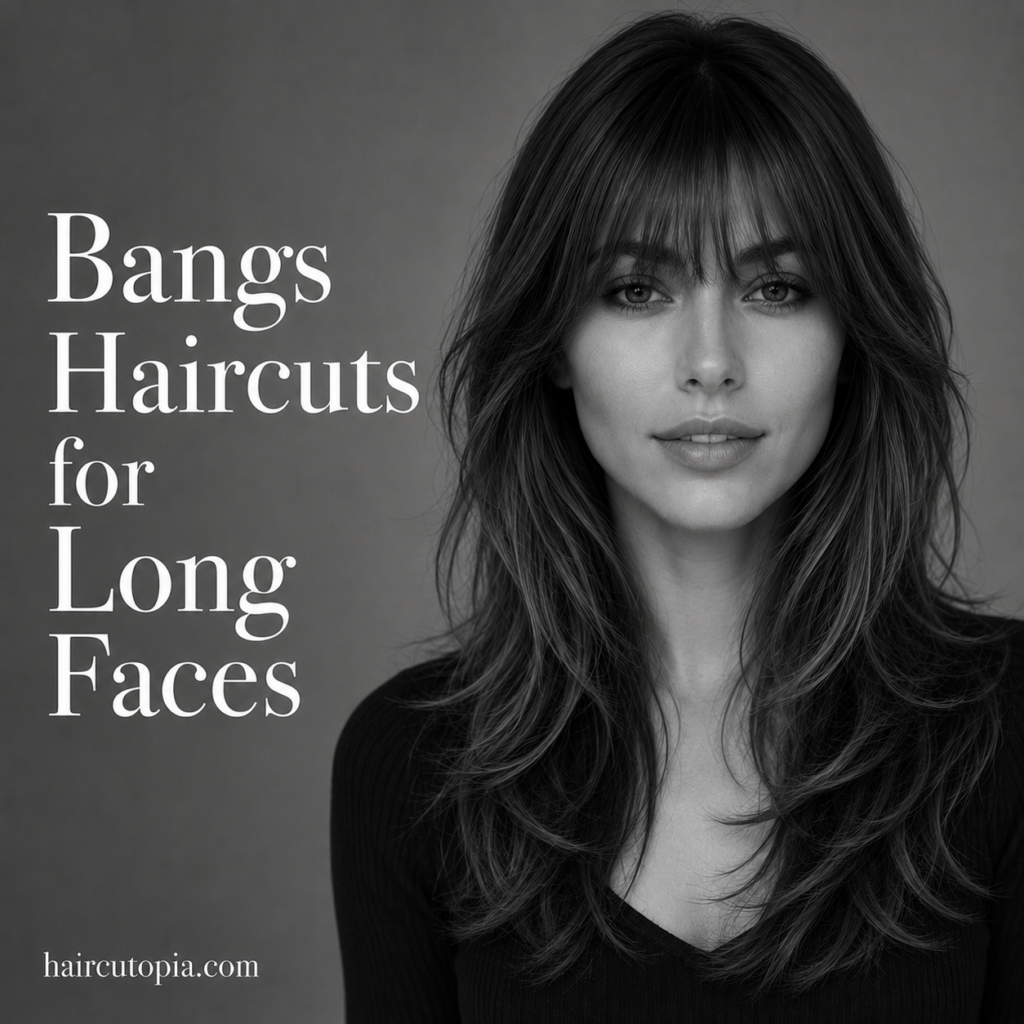 Black-and-white editorial portrait of a woman with soft curtain bangs and layered hair, showcasing a flattering bangs haircut for a long face.