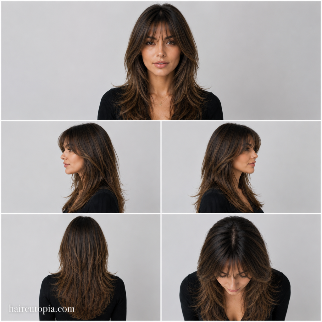 Five-view collage of a modern curtain bangs haircut for a long face, showing front, left side, right side, back, and bird's-eye views.