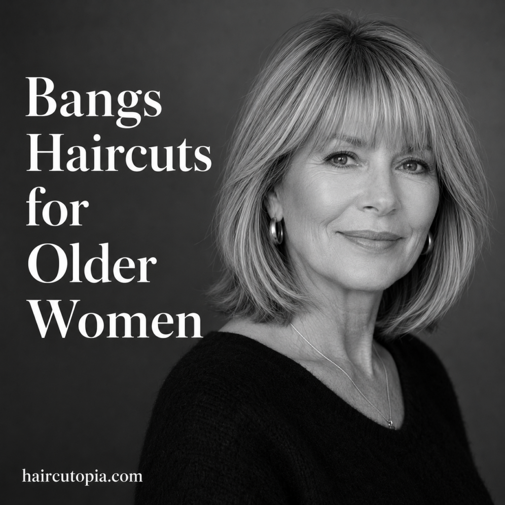 Older woman with a layered bob and soft bangs in a black-and-white editorial portrait.