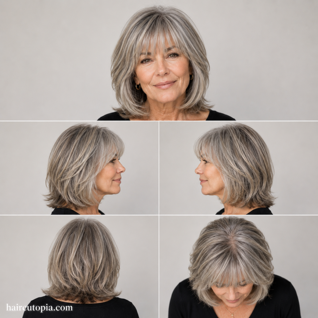 Five-view collage of an older woman with a layered haircut and soft bangs shown from the front, left side, right side, back, and top.