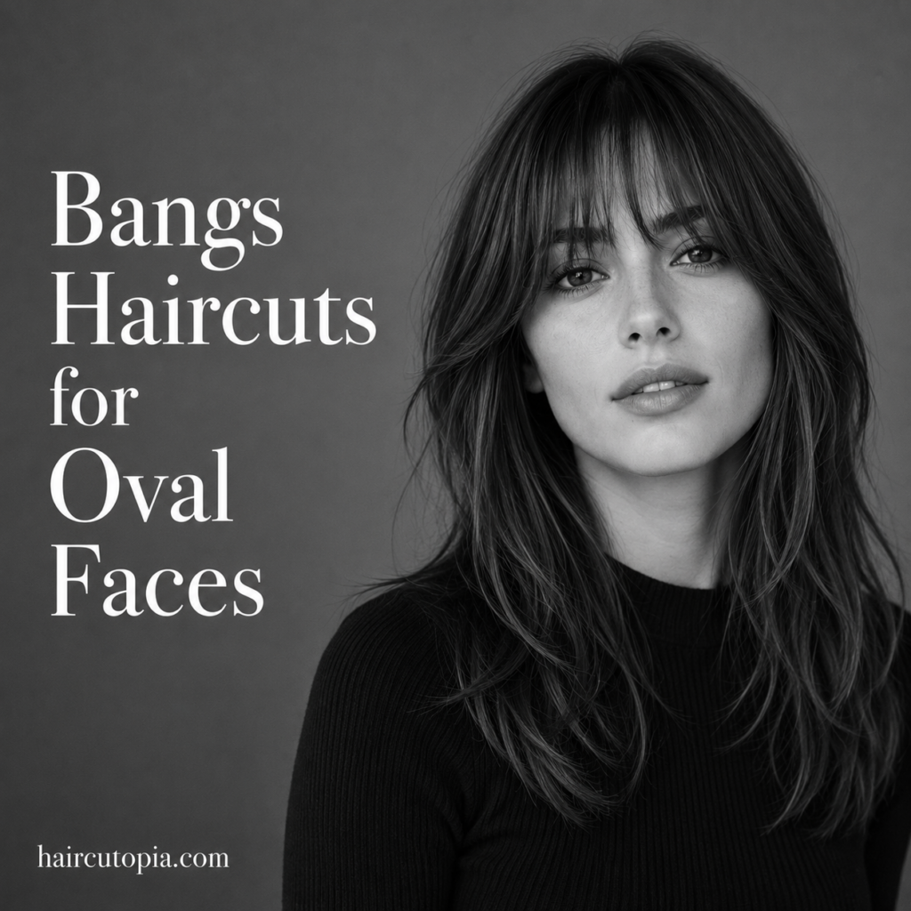 Black-and-white editorial portrait of a woman with modern curtain bangs and layered hair, showcasing a flattering bangs haircut for an oval face.