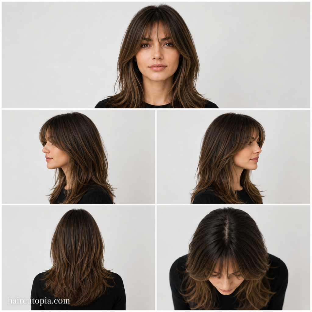Five-view collage of a modern curtain bangs haircut for an oval face, showing front, left side, right side, back, and bird's-eye views.