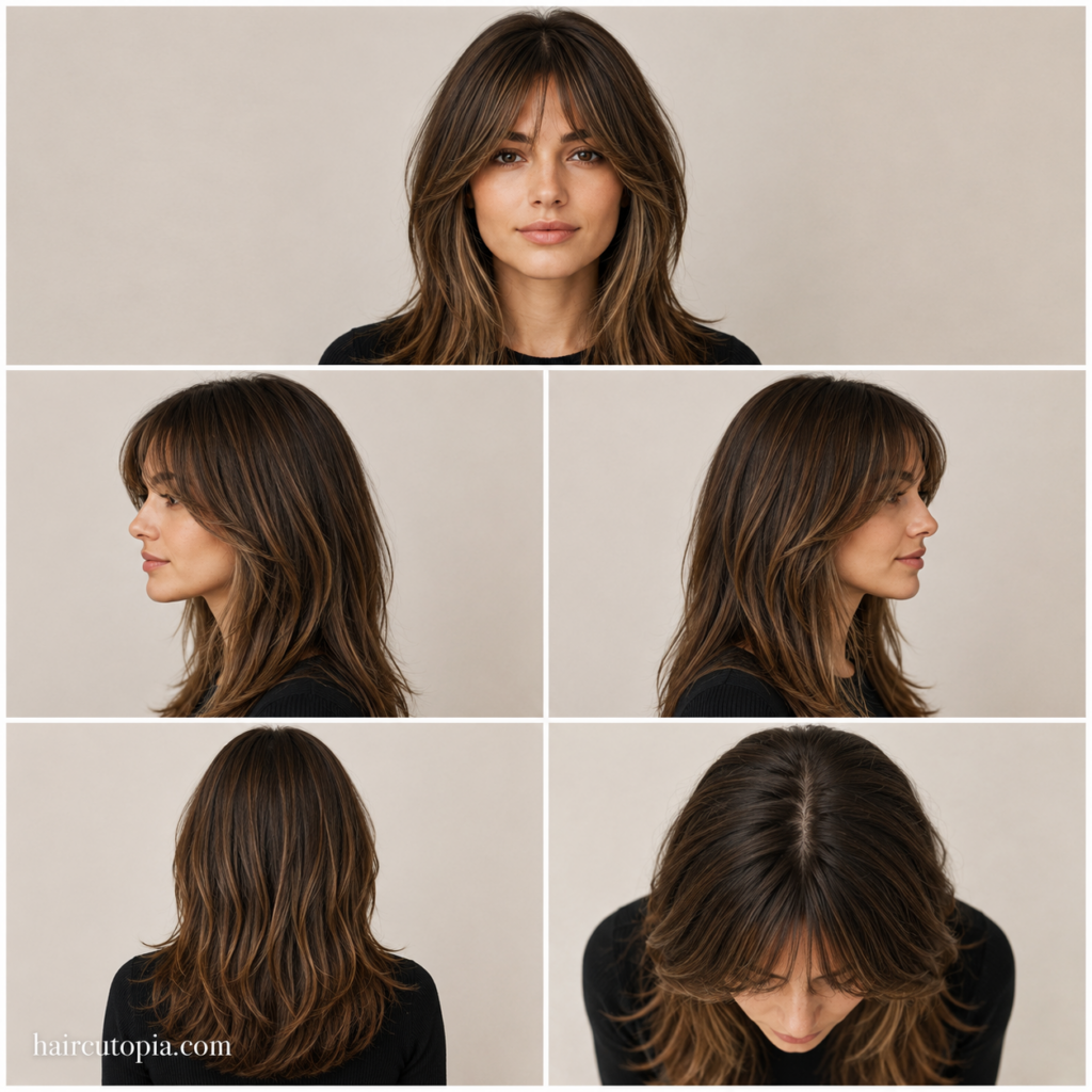 Five-view collage of flattering curtain bangs haircut for a woman with a round face, showing front, left side, right side, back, and top views.