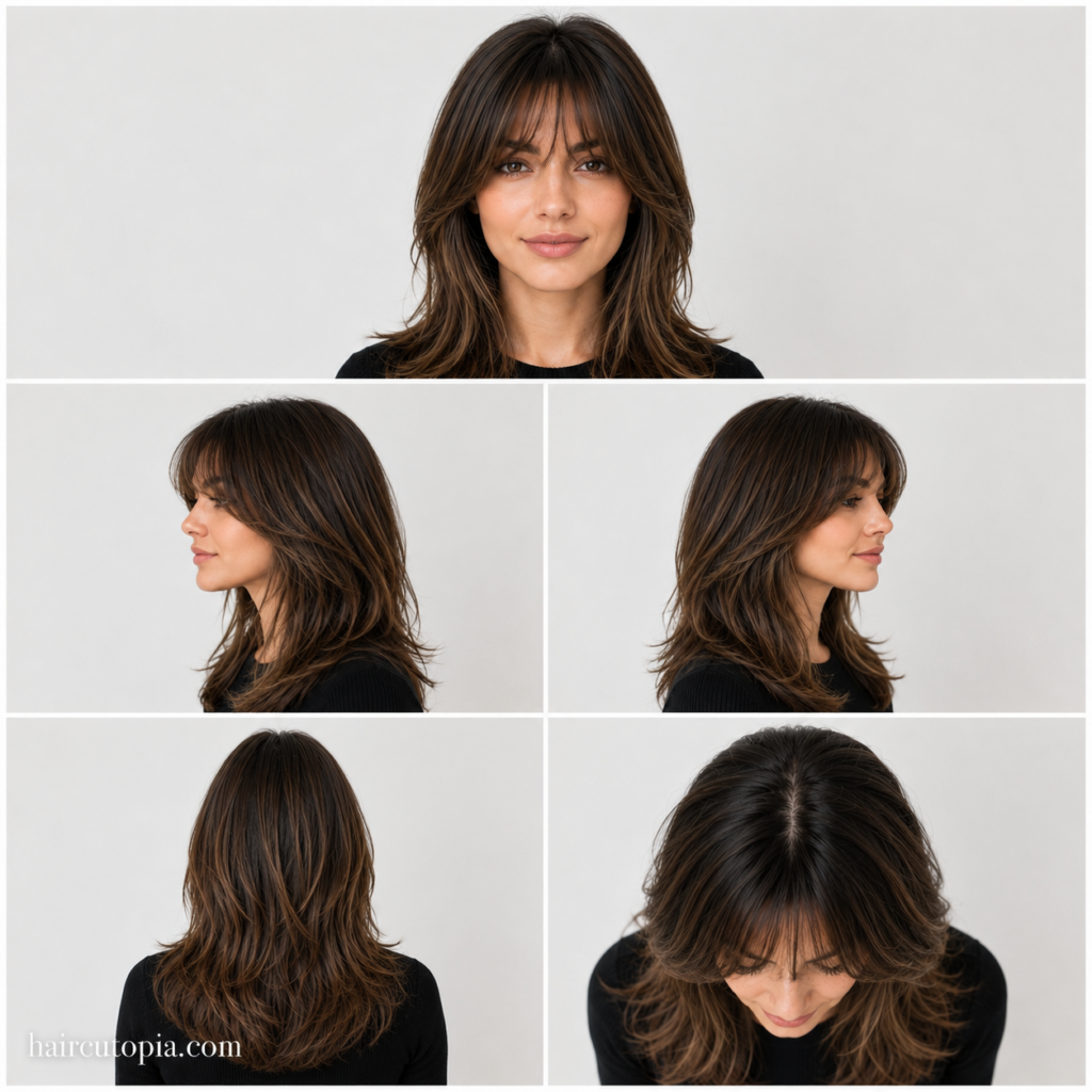 Five-view collage of a modern curtain bangs haircut for a square face, showing front, left side, right side, back, and bird's-eye views.