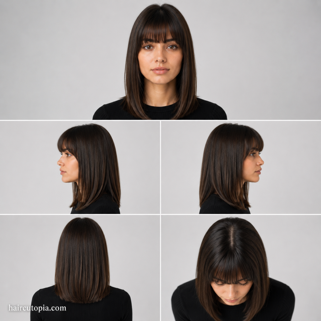Five-view collage of a woman with straight hair and blunt bangs showing the front, left side, right side, back, and top views.