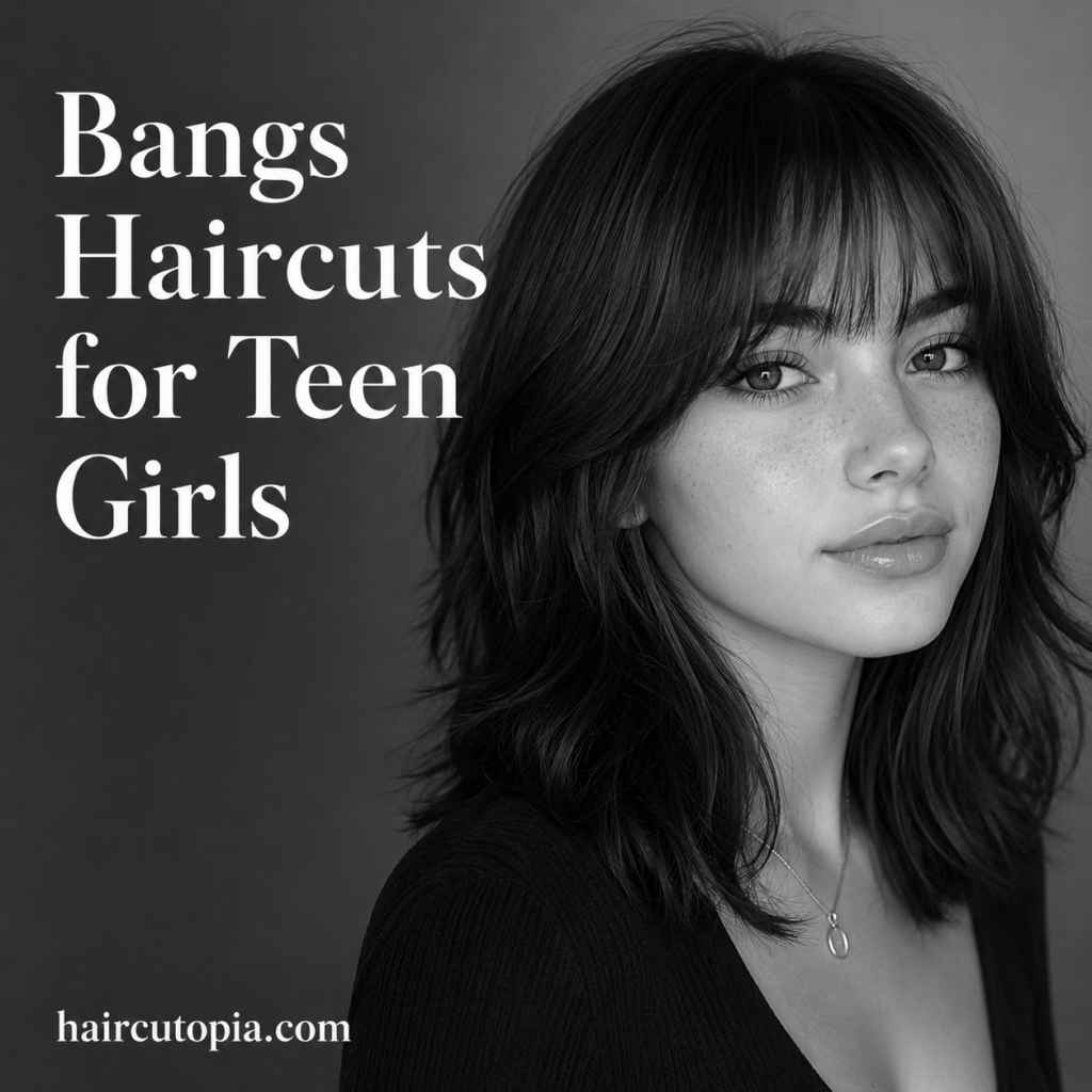 Teen girl with stylish curtain bangs and layered haircut.