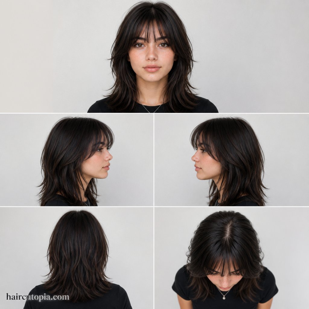 Five-view collage of a teen girl with layered hair and curtain bangs showing front, side, back, and top views.
