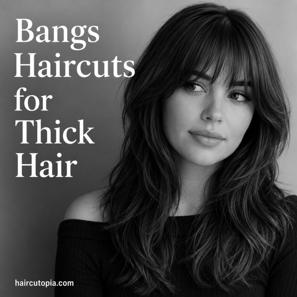 Woman with stylish curtain bangs haircut for thick hair in a black and white editorial portrait.