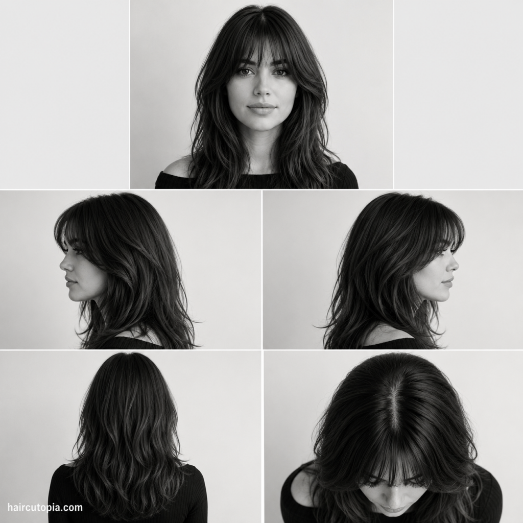 Five-view collage of a woman with curtain bangs and thick layered hair showing the front, left side, right side, back, and top views.
