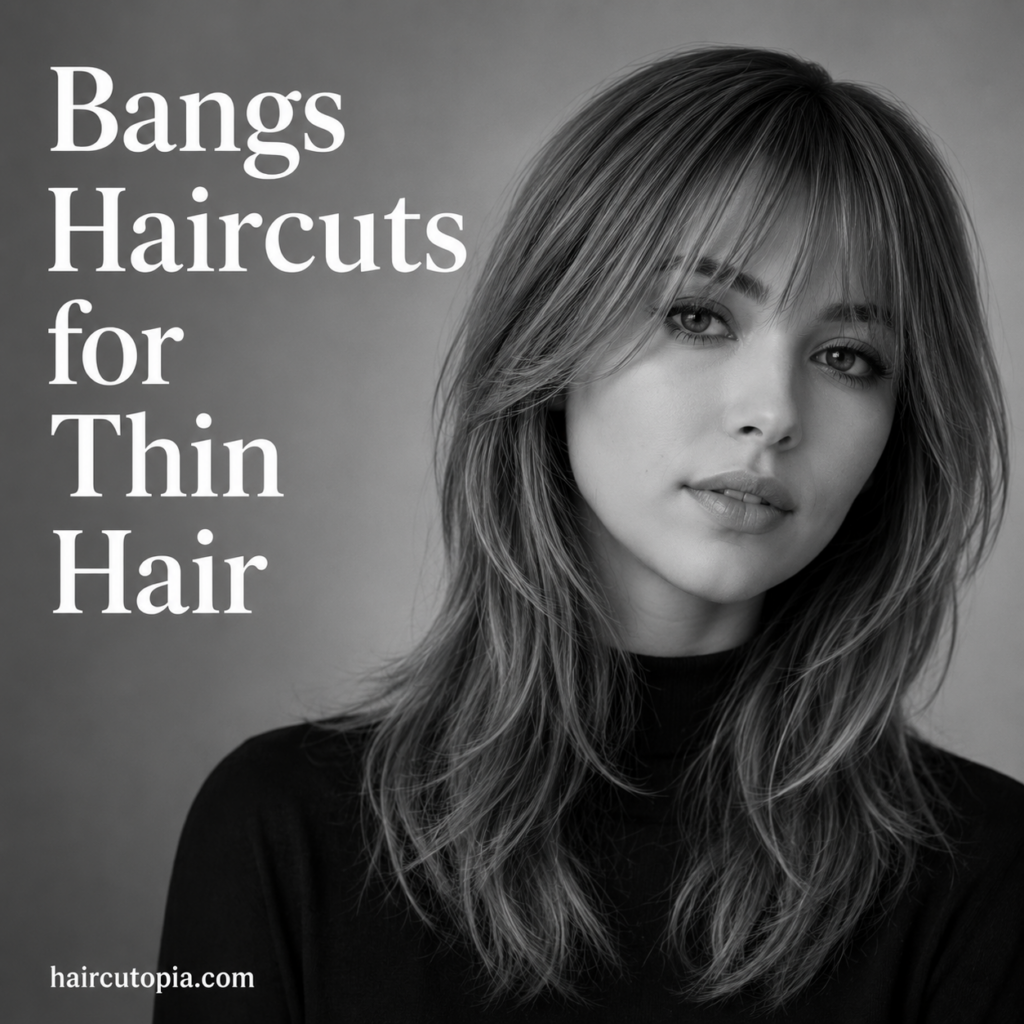 Woman with wispy curtain bangs and layered thin hair in a black-and-white editorial portrait.