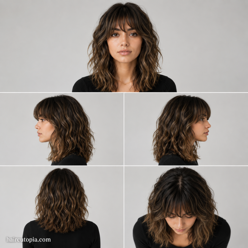 Five-view collage of a woman with soft wavy bangs showing the front, left side, right side, back, and top views.