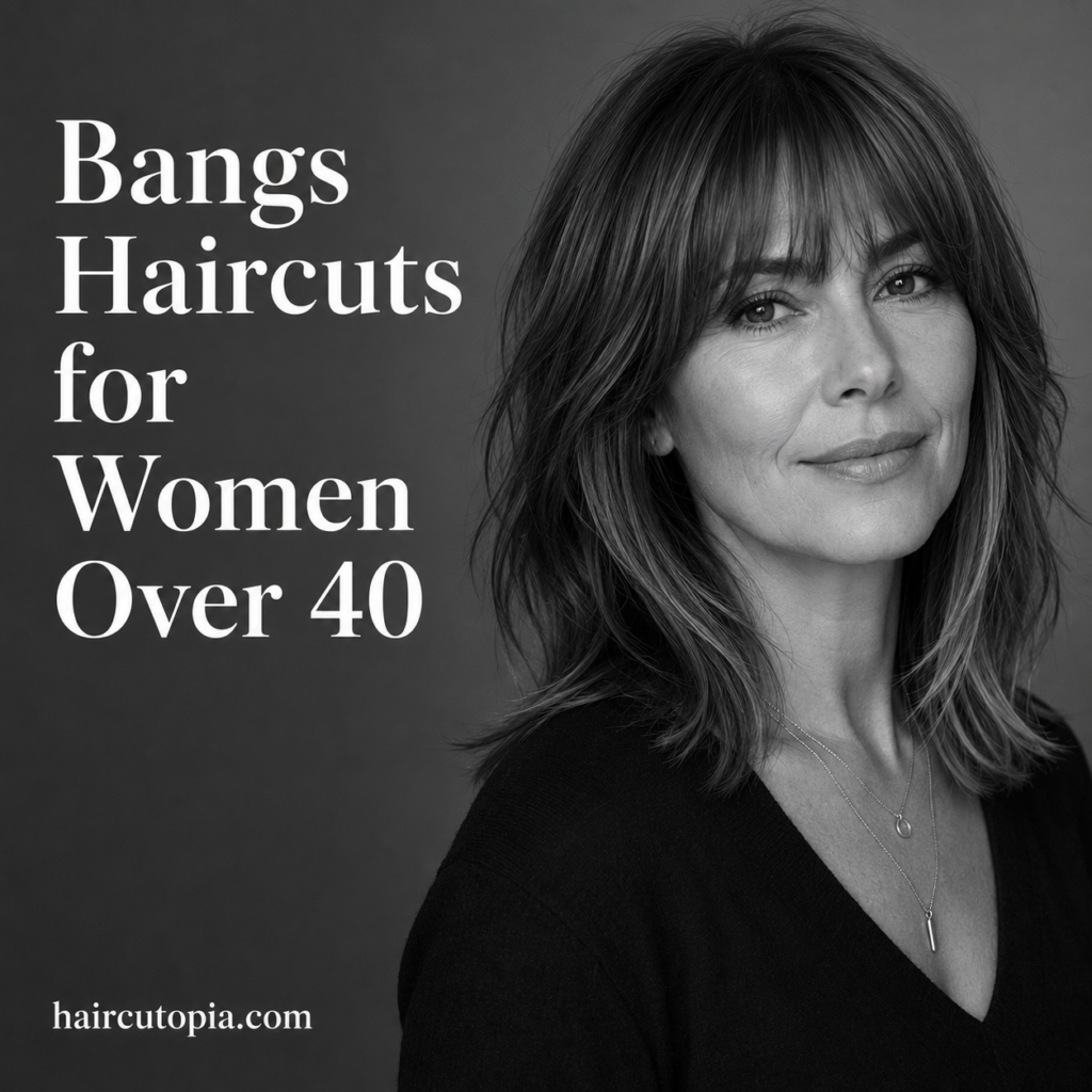 Woman over 40 with layered haircut and soft curtain bangs in a black-and-white studio portrait.