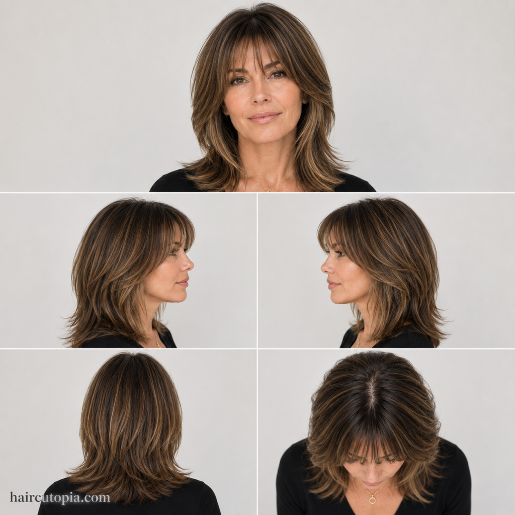 Five-view collage of a woman over 40 with a layered haircut and curtain bangs shown from the front, sides, back, and top.