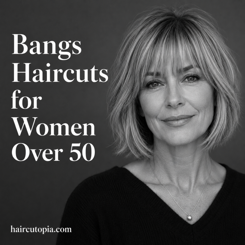 Woman over 50 with a layered bob and soft curtain bangs in a black-and-white editorial portrait.