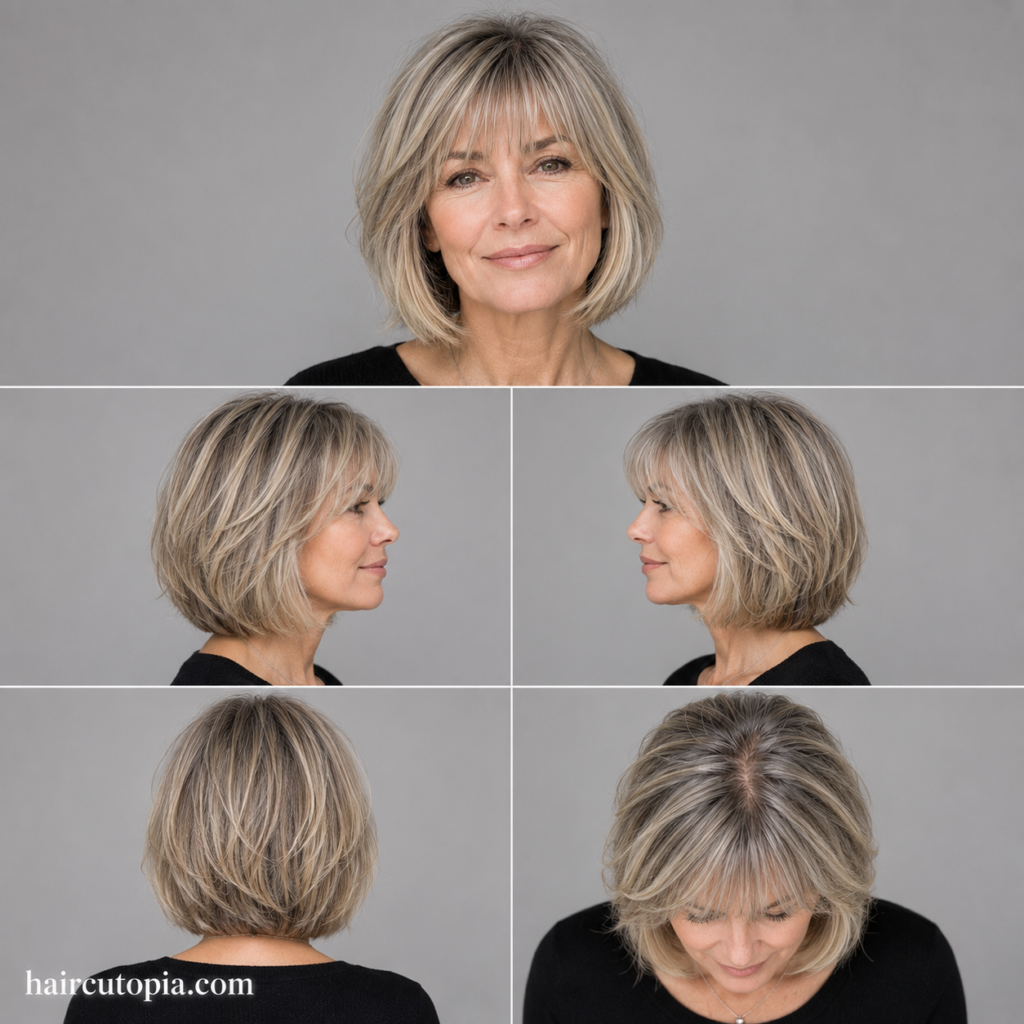Five-view collage of a woman over 50 with a layered bob and soft curtain bangs shown from the front, left side, right side, back, and top.