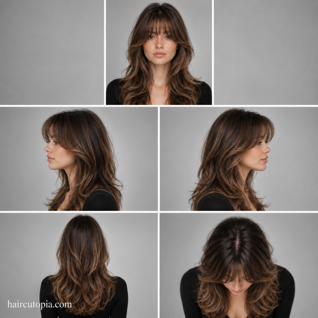 Bangs haircut shown from front, left side, right side, back, and top views