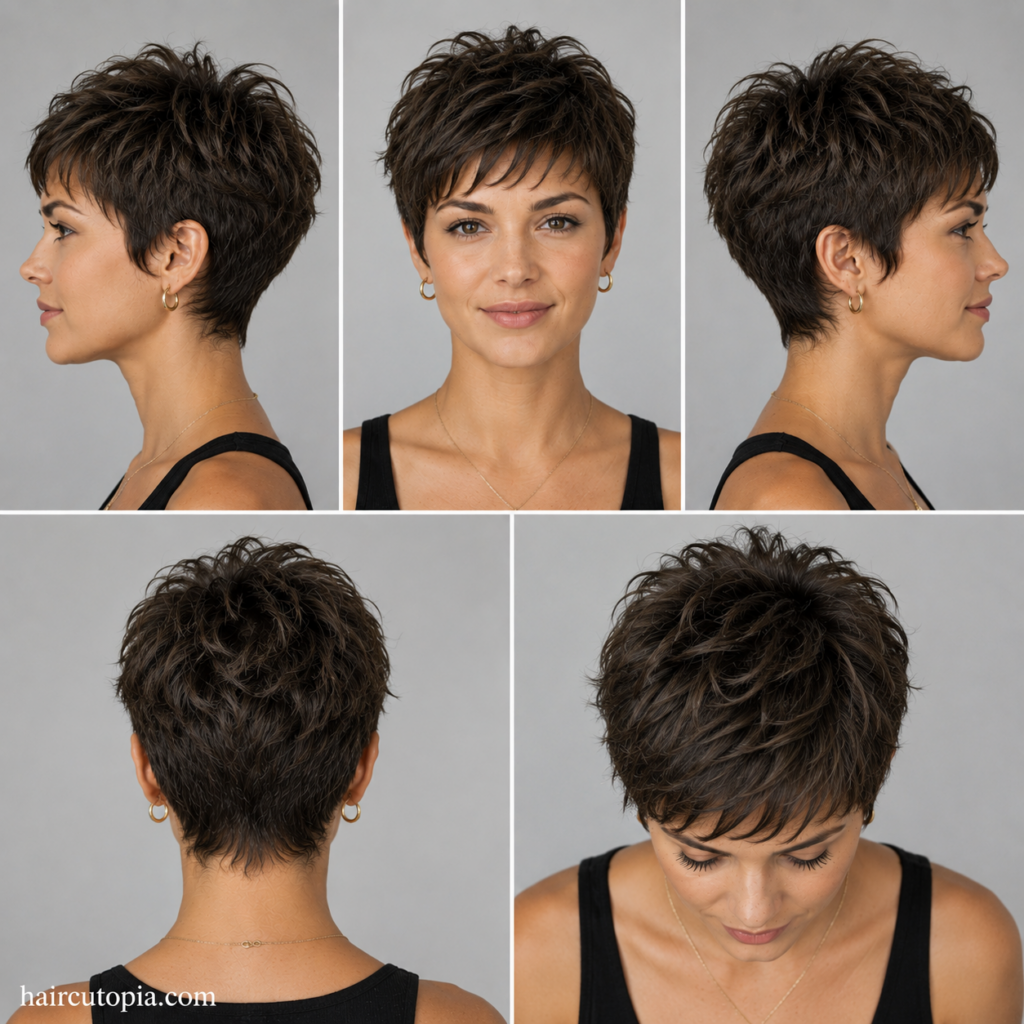 Five-view collage of a modern pixie haircut for frizzy hair showing the front, left side, right side, back, and top views.