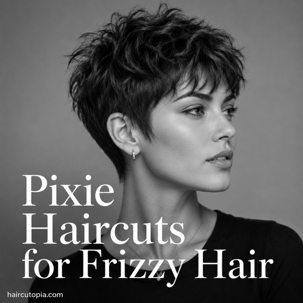 Woman with a textured pixie haircut for frizzy hair in a black-and-white editorial portrait showcasing natural volume and effortless texture.