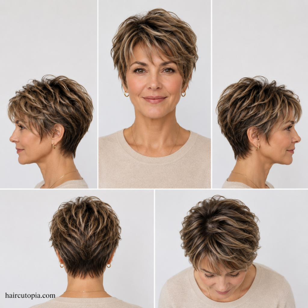 Low-maintenance bixie haircut for busy moms shown from the front, side, back, and top views