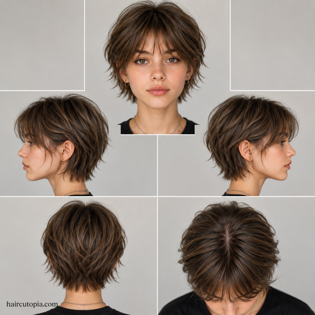Bixie haircut for teen girls shown from the front, side, back, and top views