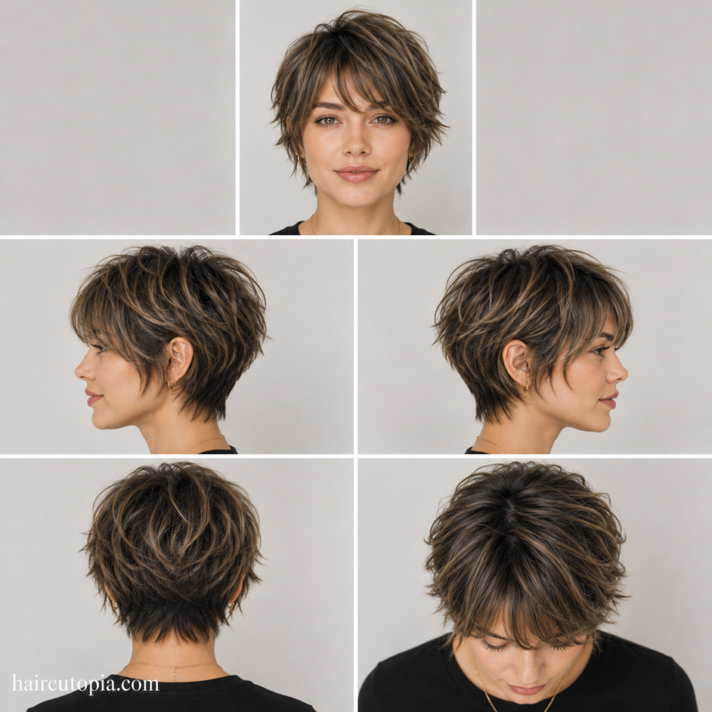 Bixie haircut shown from front, left side, right side, back, and top views