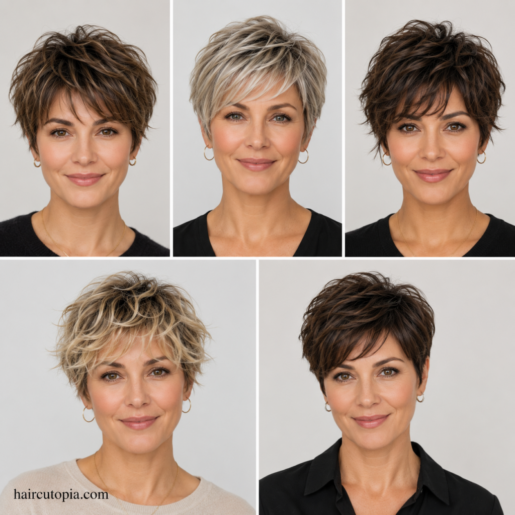 Five modern bixie haircuts with layered, feathered, choppy, wavy, and side-swept styles