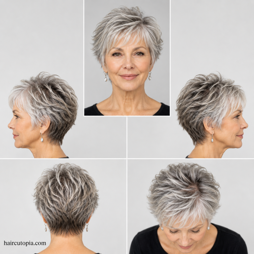 Layered gray bixie haircut for older women shown from the front, side, back, and top views