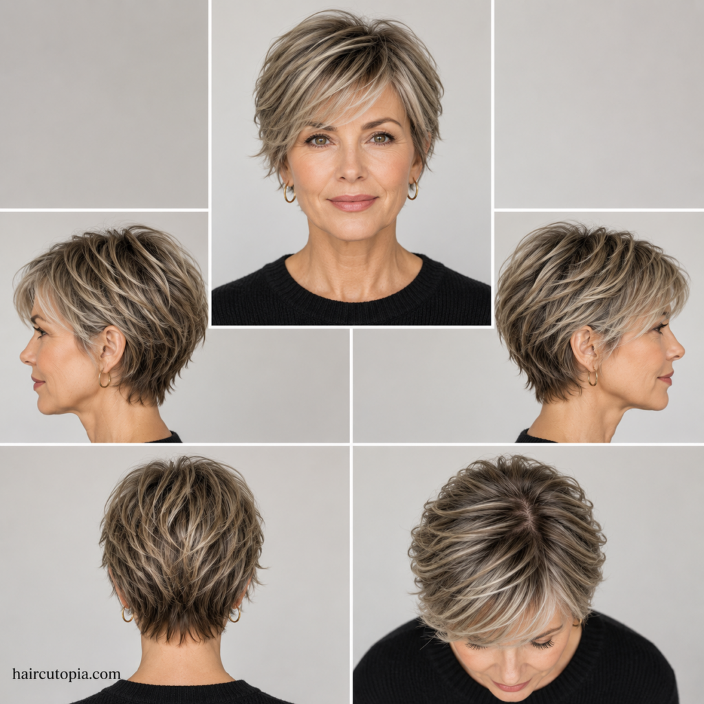 Layered bixie haircut for women over 40 shown from the front, side, back, and top views
