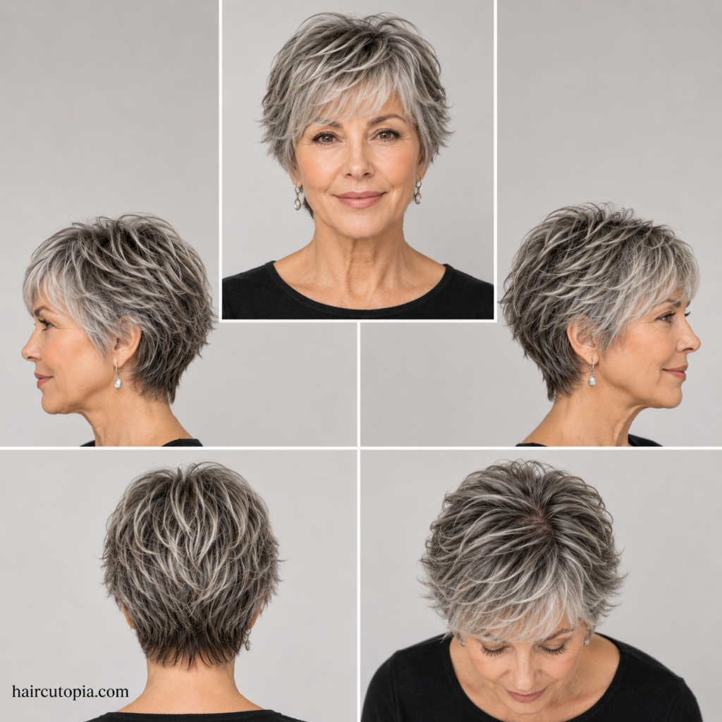 Layered gray bixie haircut for women over 50 shown from the front, side, back, and top views